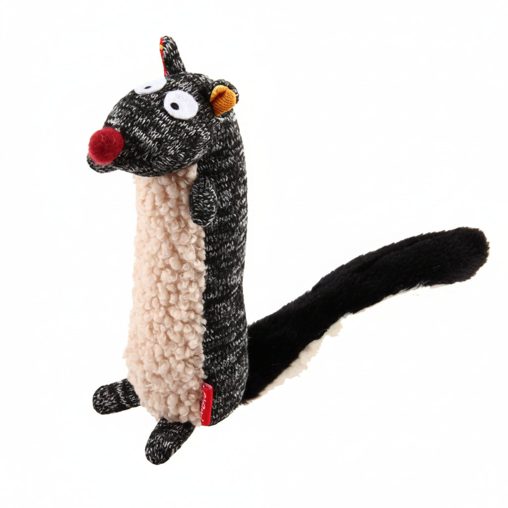 Dog toy shaped like a black and gray skunk on a white background