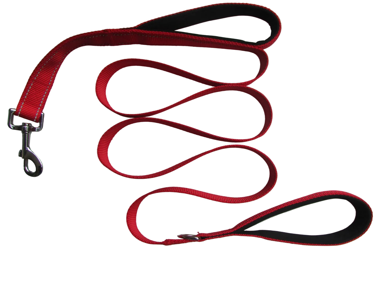 Red dog leash with black accents on a light gray background