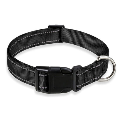 Adjustable Reflective Nylon Webbing Dog Collar Black