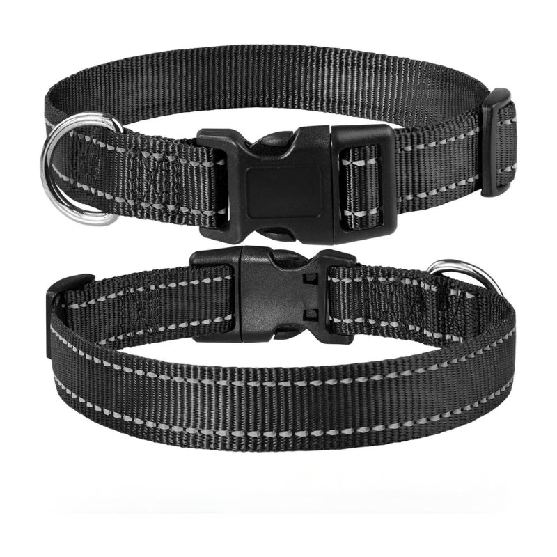 Adjustable Reflective Nylon Webbing Dog Collar Black