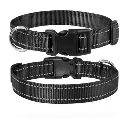 Adjustable Reflective Nylon Webbing Dog Collar Black