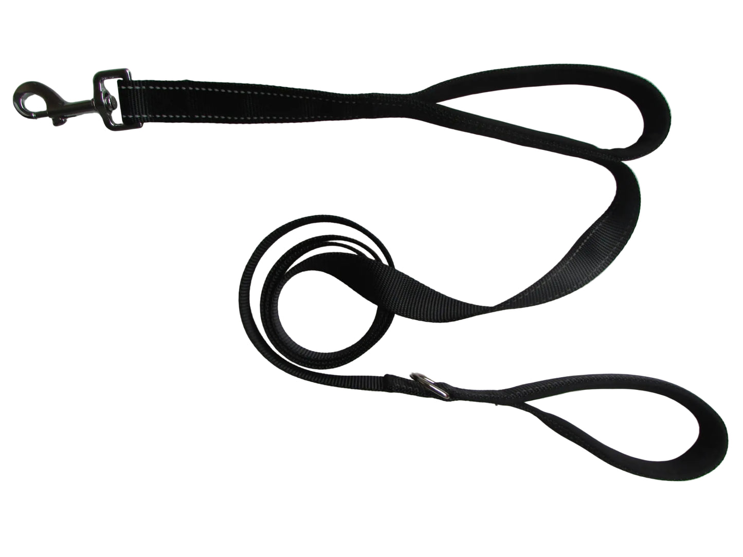 Black dog leash with metal clip on a white background