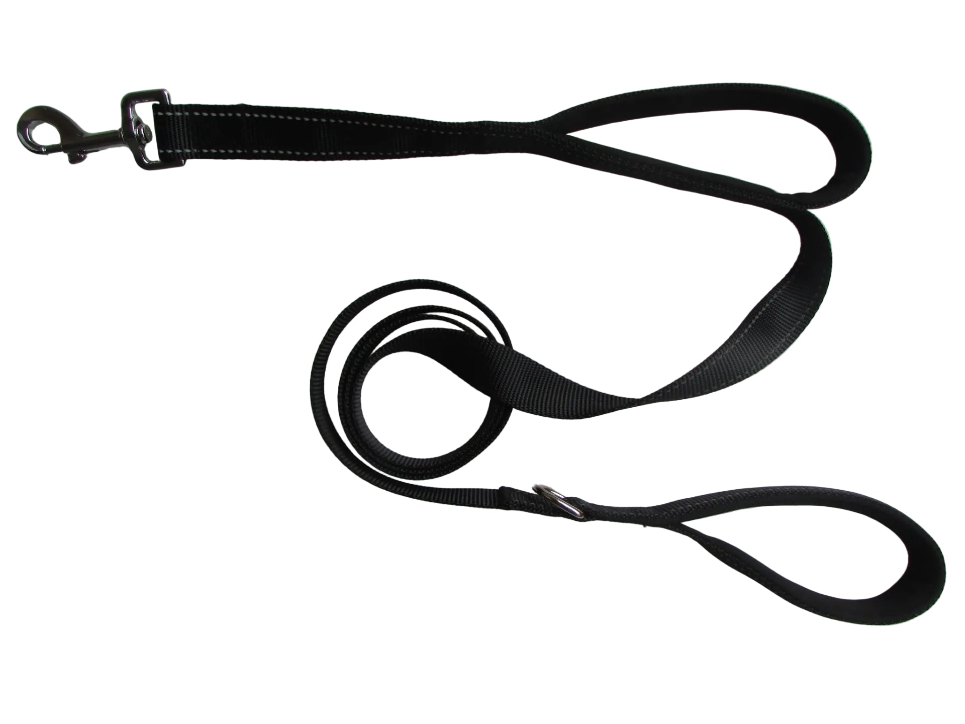 Black dog leash with metal clip on a white background