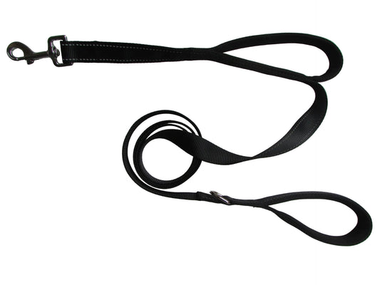 Black dog leash with metal clip on a white background