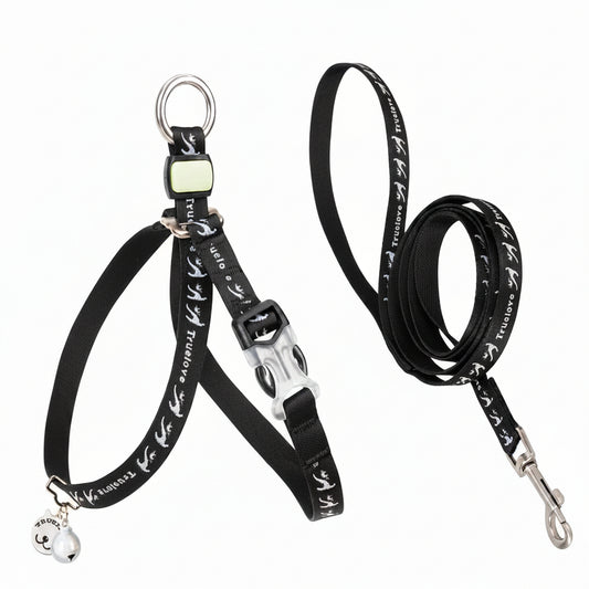 Black dog leash with white patterns and metal clip on a white background