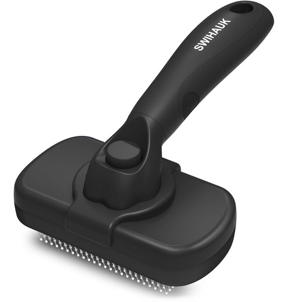 Black pet grooming brush with a visible brand logo on a white background