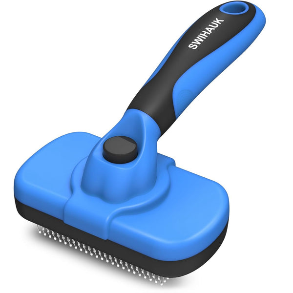 Blue and black pet grooming brush with 'Swihauk' branding on a white background
