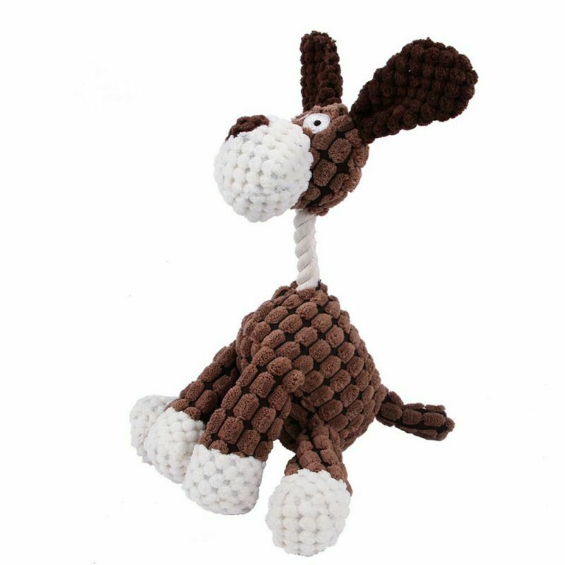 Brown and white knitted dog toy on a white background