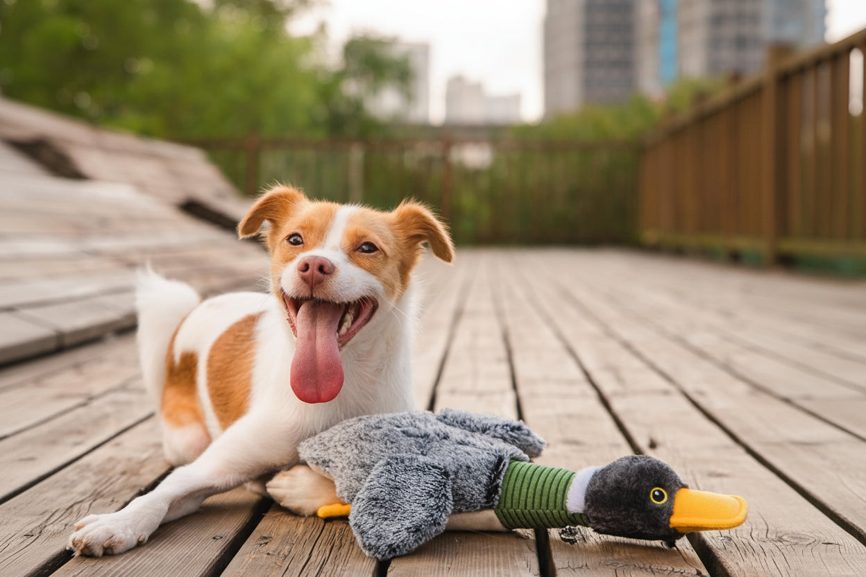 Dog playing with a toy on a wooden deck with 'Best Pet Supplies' logo.