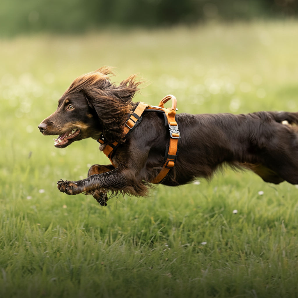Dog running in a field with