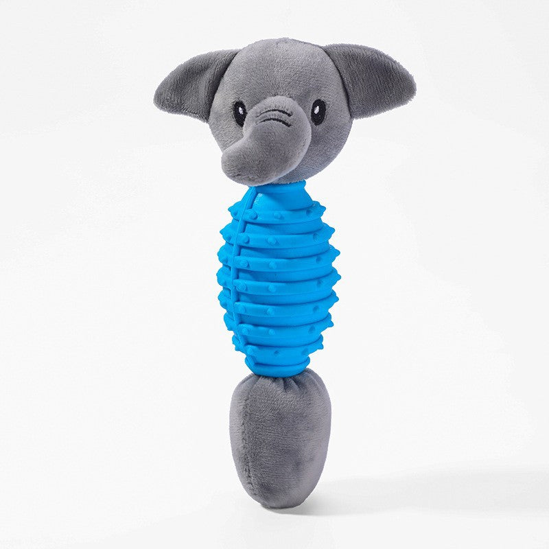 Gray elephant plush toy with a blue textured neck on a white background