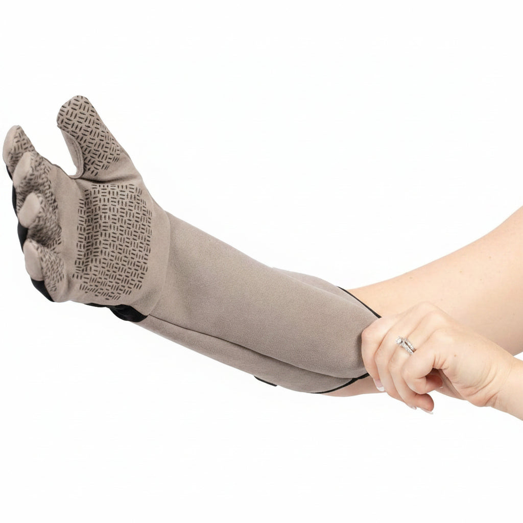 Gray glove with textured palm, held by a hand, on a white background with text about glove features.