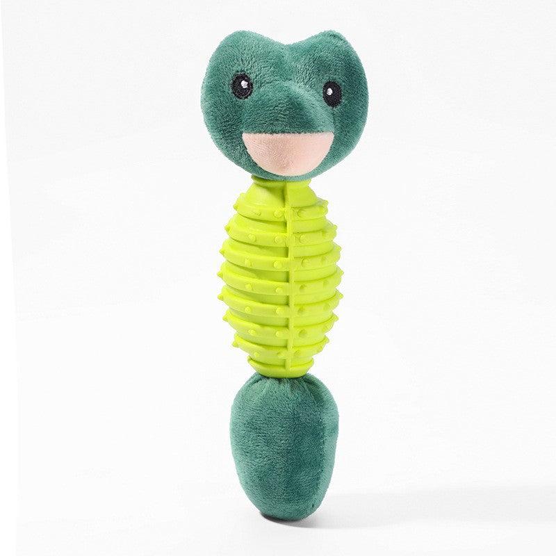 Green plush toy with a textured body on a white background