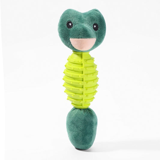 Green plush toy with a textured body on a white background