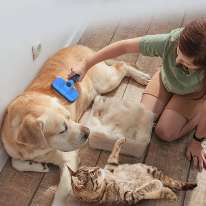Person grooming a dog with a deshedding tool on a wooden floor, with a cat lying nearby.