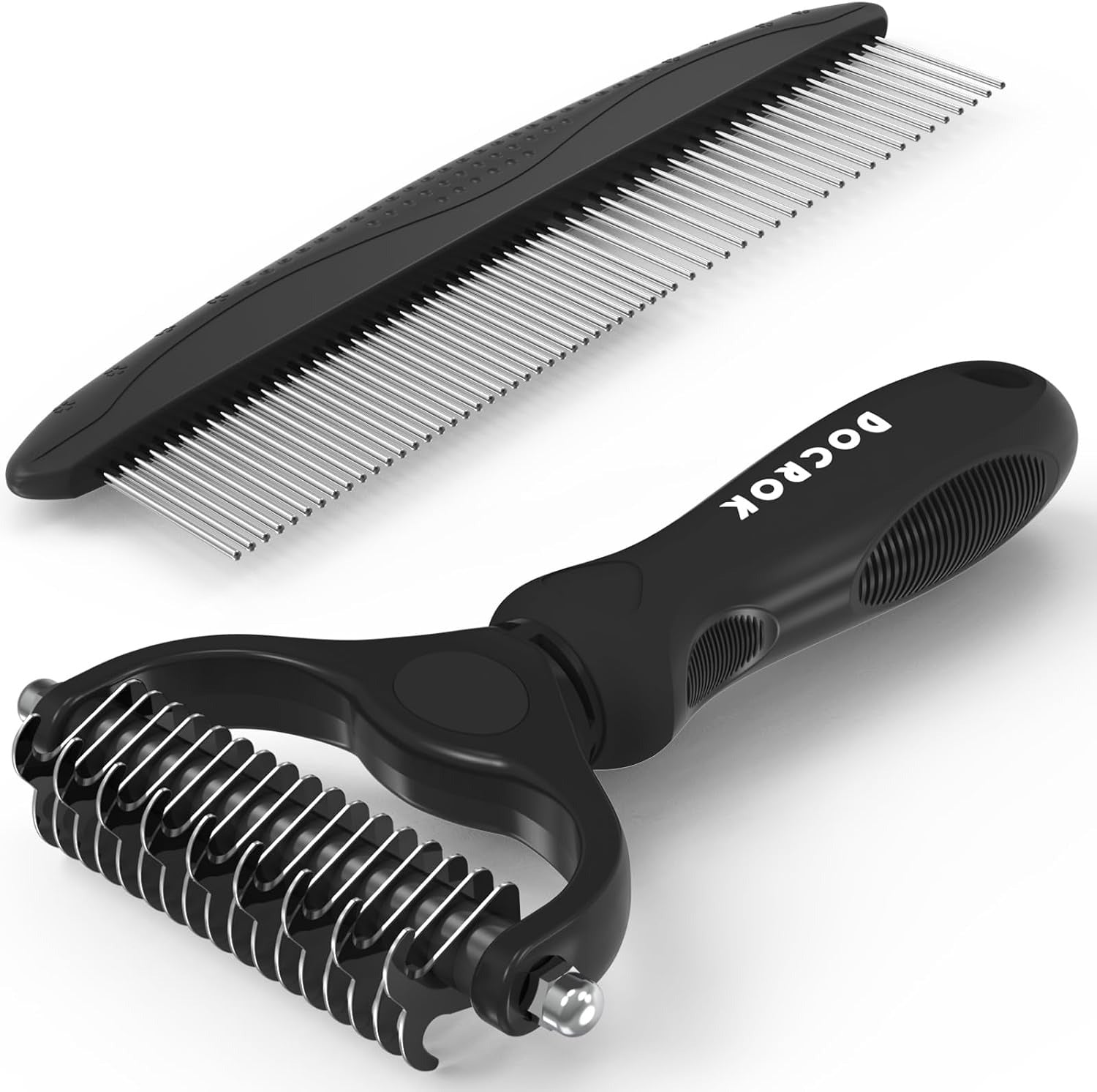 Pet grooming comb with black handle and metal teeth on a white background