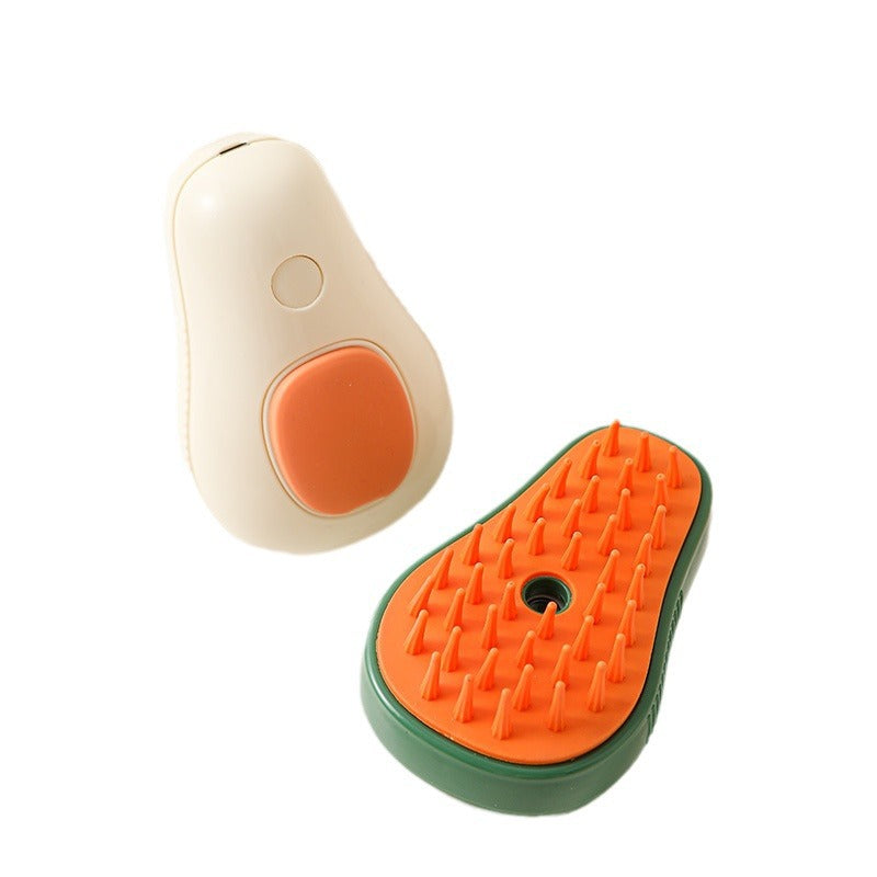 Pet grooming tool with orange bristles and beige handle on a white background