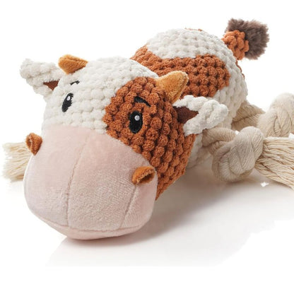 Plush Cow Squeaky Dog Chew Toy with Knotted Rope Limbs
