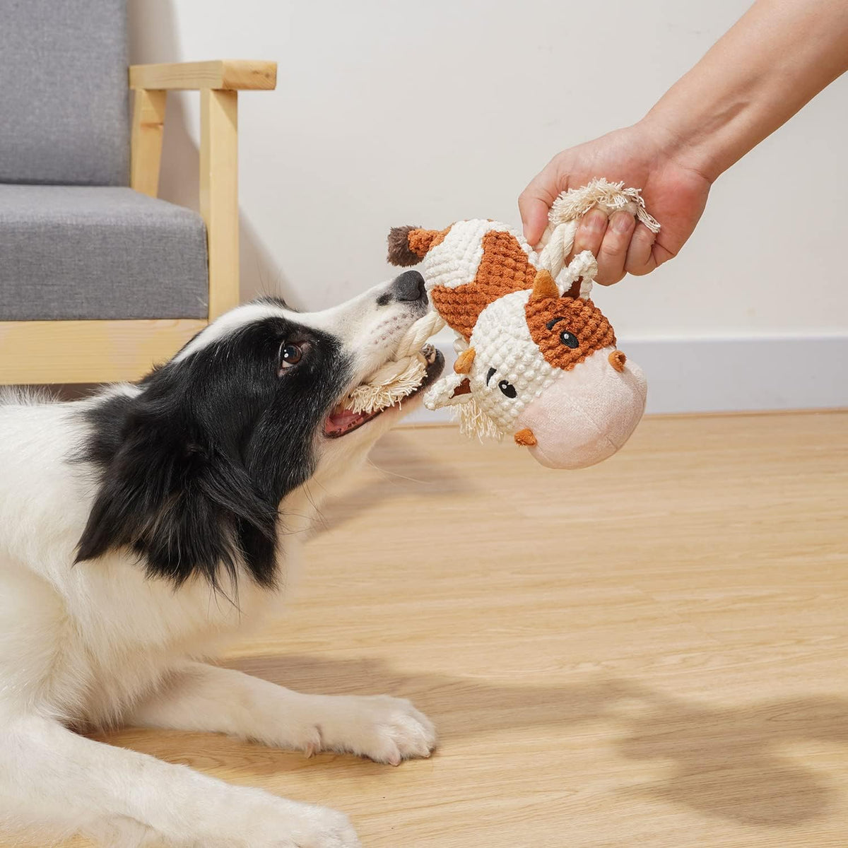 Plush Cow Squeaky Dog Chew Toy with Knotted Rope Limbs