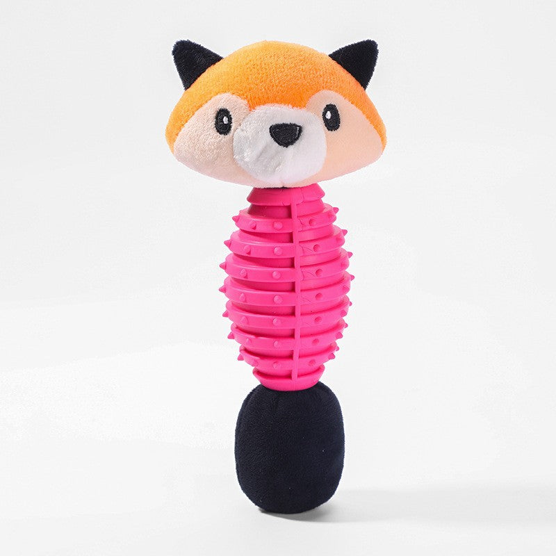 Plush fox toy with a pink textured body on a white background