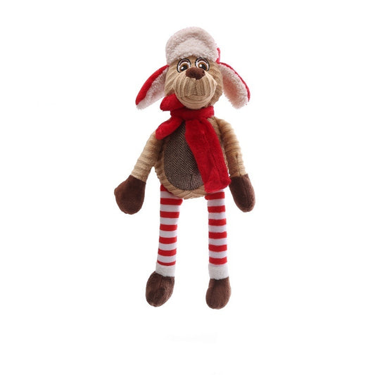 Plush toy dog wearing a red scarf, striped socks, and a Santa hat on a white background