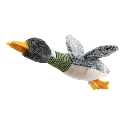 A plush duck toy with a dark gray head and neck, green striped neck wrap, white belly, gray wings, and yellow beak and feet, shown on a plain white background.