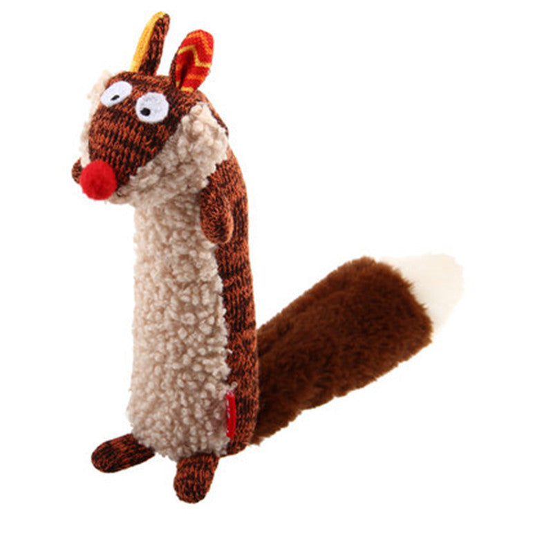 Plush toy resembling a fox with brown, beige, and red colors on a white background