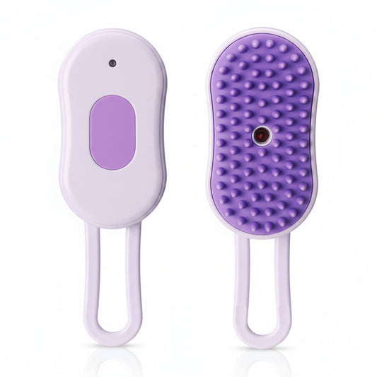 Purple and white grooming brush on a white background