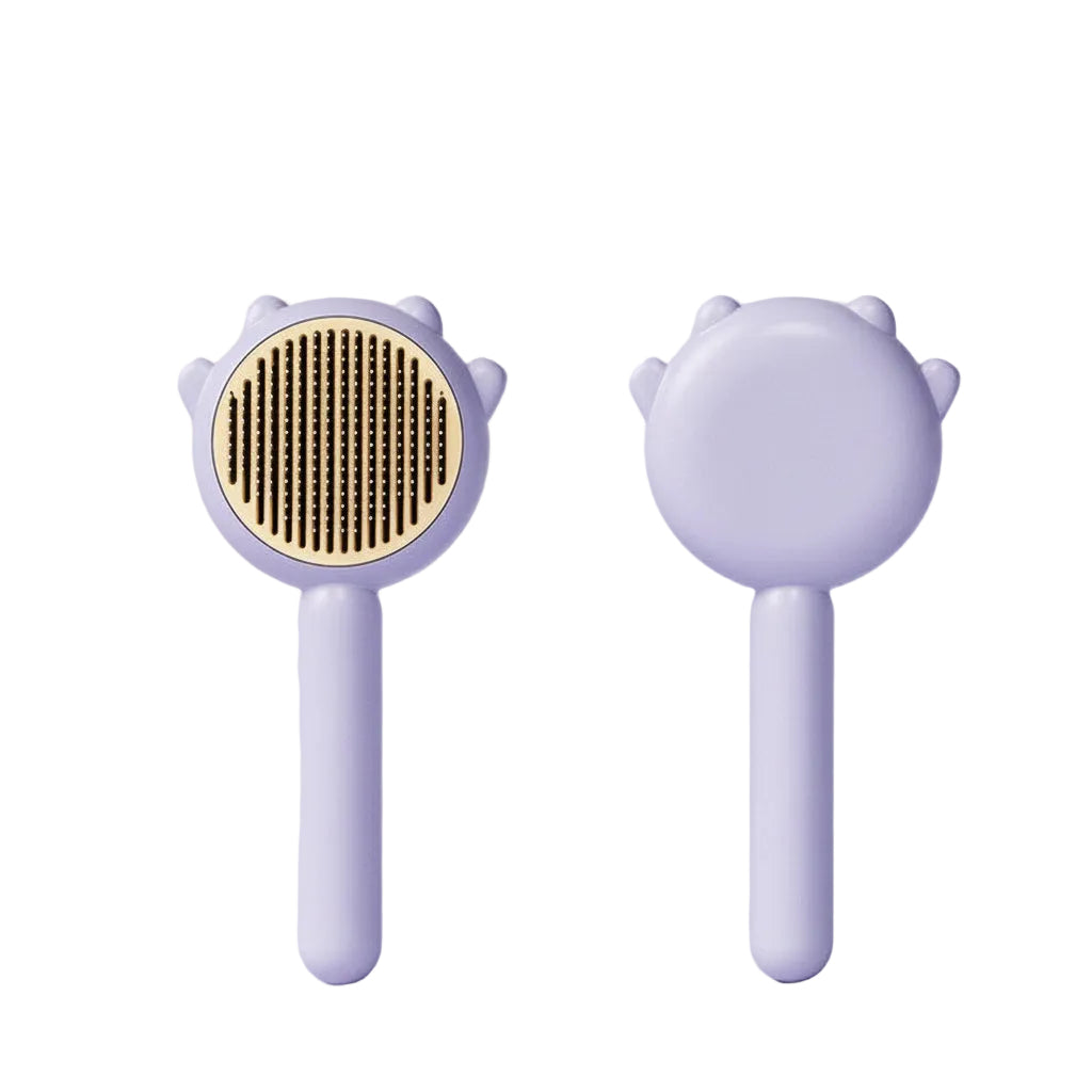 Two lavender pet grooming brushes shown side by side on a white background, displaying both the bristle-covered side and the smooth back.