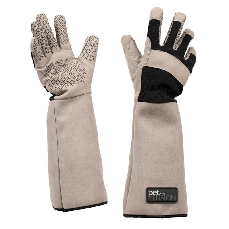 A pair of long protective work gloves with beige palms and fingers, black back-of-hand sections, and textured gray grip pads on the backs, shown on a plain white background. A black brand patch reading 'pet fusion' is visible on the cuff of one glove.